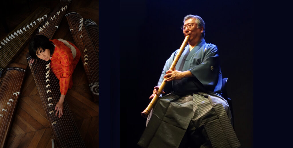 Une femme en kimono rouge jouant Koto et un homme en kimono bleu et gros jouant du Shakuhachi - Agrandir l'image, fenêtre modale